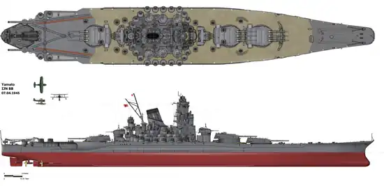 Image 1Japanese battleship YamatoImage: AlexplA line drawing of the Japanese battleship Yamato, the lead ship of the Yamato class of battleships that served with the Imperial Japanese Navy during World War II. Named after the ancient Japanese Yamato Province, she was launched on 8 August 1940 and served as the flagship of the Japanese Combined Fleet in 1942.More selected pictures