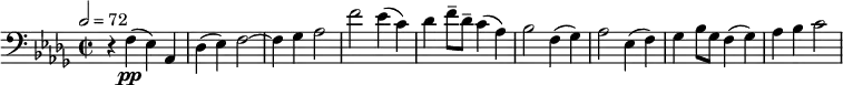 \relative c { \clef bass \time 2/2 \key des \major \tempo 2 = 72 r4 f(\pp ees) aes, | des( ees) f2~ | f4 ges aes2 | f' ees4( c) | des f8-- des-- c4( aes) | bes2 f4( ges) | aes2 ees4( f) | ges bes8 ges f4( ges) | aes bes c2 }