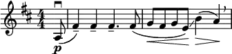 \relative c' { \set Score.tempoHideNote = ##t \tempo 4 = 76 \set Staff.midiInstrument = #"cello" \clef treble \key d \major \numericTimeSignature \time 4/4 \partial 8*1 a8\p(\downbow fis'4--) fis-- fis4.-- fis8( | g\< fis g e)\!\glissando b'4(\> a)\!\breathe }