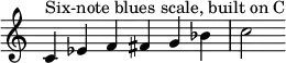 {
\override Score.TimeSignature #'stencil = ##f
\relative c' {
\clef treble
\time 6/4 c4^\markup { "Six-note blues scale, built on C" } es f fis g bes c2
} }