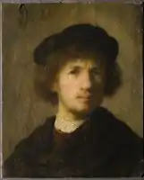 Small self-portrait on copper with beret and gathered shirt (‘stilus mediocris’) by Rembrandt (1630) (Nationalmuseum Stockholm)