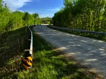 A two-lane asphalt road, bordered by guardrails and surrounded by grasses and trees, bends onto a concrete bridge