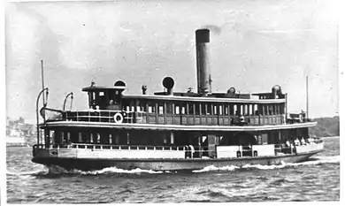 Steaming towards Cremorne Point, 1950s. Note the post-Harbour Bridge change from all black to cream with black top funnel