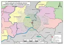 Map of the Kozhikode area, illustrating a three-kilometer buffer zone around the epicentre
