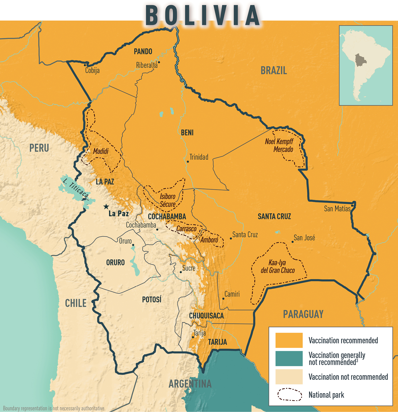 Map 2-02 Yellow fever vaccine recommendations for Bolivia & neighboring countries