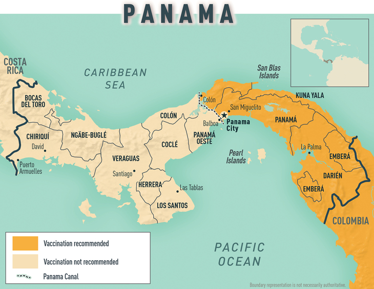 Map 2-11 Yellow fever vaccine recommendations for Panama & neighboring countries