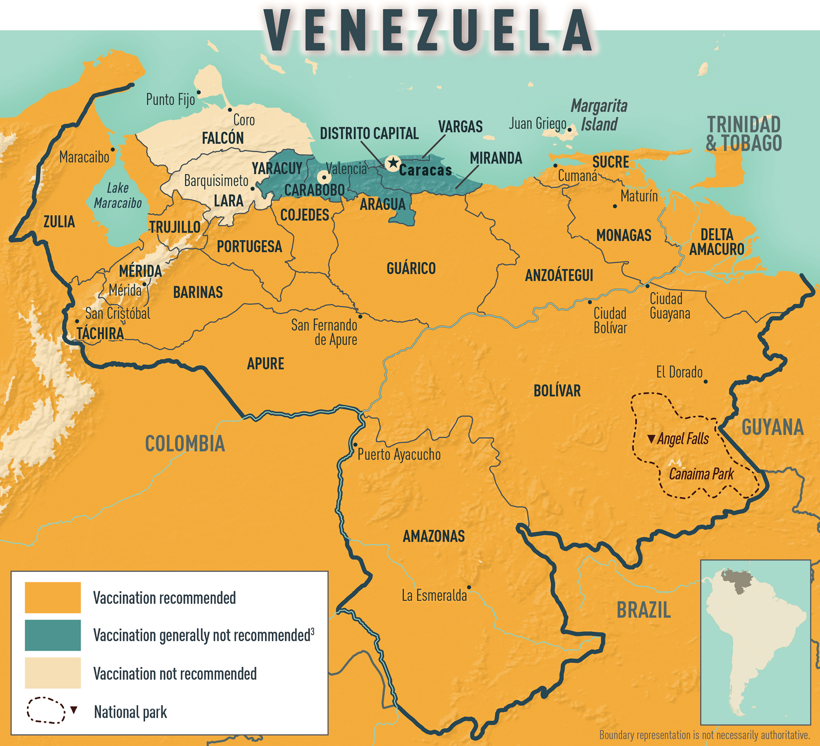 Map 2-17 Yellow fever vaccine recommendations for Venezuela & neighboring countries